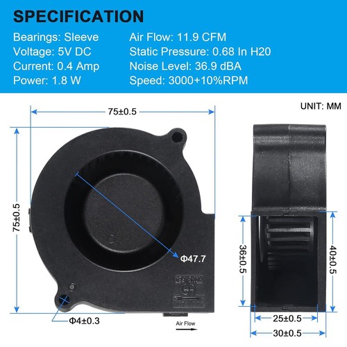 2 Stück 75mm Gebläse Lüfter 75 x30mm USB Gebläse Lüfter 5V 7530 Radialventilator Lüfter - Bild 3 von 6