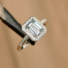 2.50Ct Emerald Cut Aquamarine Diamond Halo Engagement Ring 14K White Gold Finish