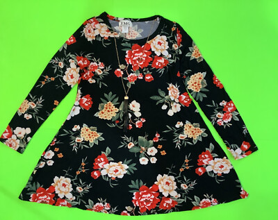 New TMG Woman s Dress Long Sleeve Size LARGE Black w/Flowers