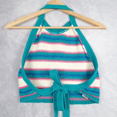Zara Top Womens Medium White Teal Striped Cropped Knit