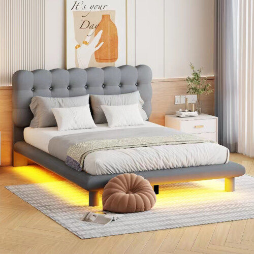 Queen Size Velvet Platform Bed with LED Frame, Thick & Soft Fabric and Button-tu - Picture 1 of 18
