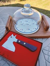 Goodwood Cheese Hatchet & Tray/Glass Cover Teak Base & tomahawk cutter new!     