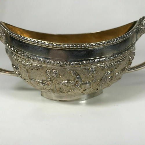 Anglo-Indian Repousse Silver Bowl with Hunting Motif Gold Wash Elephant Handle - Picture 8 of 9