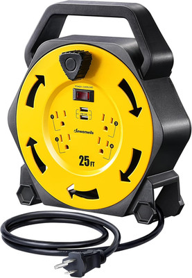 Cord Reel with 4 Power Outlets, 2-USB Ports(3.4A Fast Charge), 25FT Retractable 