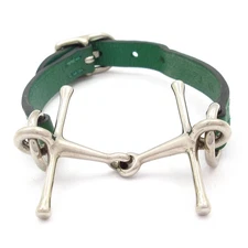 HERMES Mors Green Silver Leather Hardware A Bracelet