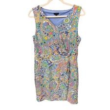 Talbots Sheath Dress Side Gathered Pastel Paisley Sleeveless Sz L Stretchy EUC