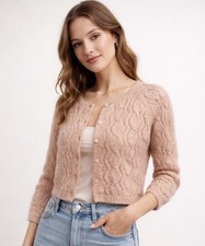 Bonton Mohair Wool Crochet Cardigan Sweater Small | Tan Eyelet Cropped Coquette