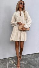 Beige Sz 4 Casual or Dress Stretchy Long Sleeve Knee Length Tiered Dress SHEIN
