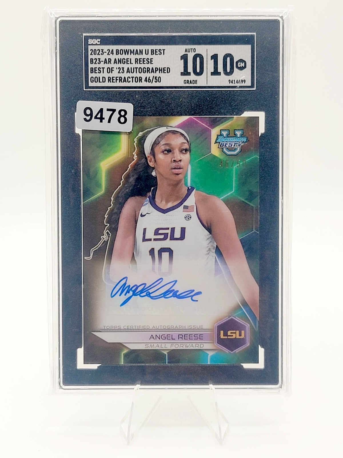 2023-24 Bowman’s Best U Angel Reese Gold Ref Auto /50 SGC Gem Mint 10 POP 1