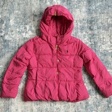 Ralph Lauren Girls Pink Puffer Jacket Hooded Size M 8  10 Missing Button As-Is