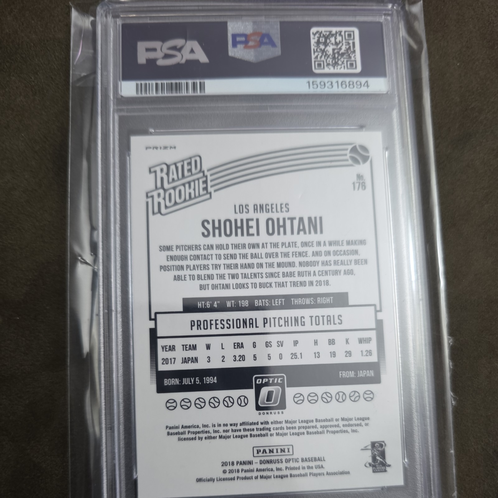 2018 Panini Donruss Optic Shohei Ohtani Shock Prizm rookie RC #176 PSA 8 MINT view 2
