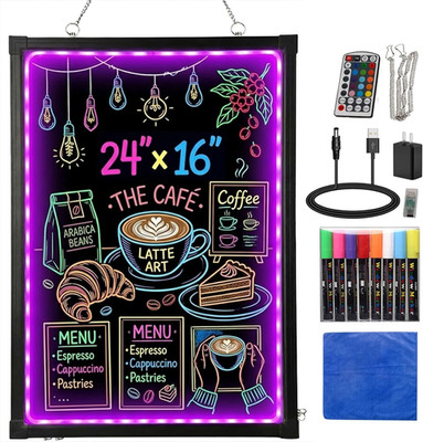 LED Writing Board 24''x16'', Erasable Light-Up Message Display, 12 Colors & 26 Mod
