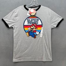 Nintendo Super Mario T-Shirt Youth Large Heather Gray Ringer Graphic Tee NWT