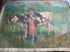 Lot 2 TOILES TABLEAUX PEINTURE Signées CORRIDA + FILLE avec une VACHE 1872-42