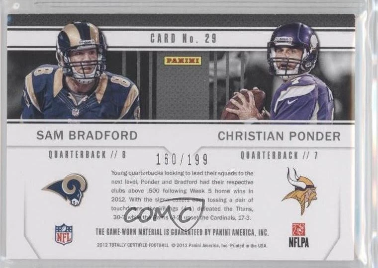 2012 Totally Certified Stitches in Time Materials Christian Ponder Sam Bradford - Image 2 of 2