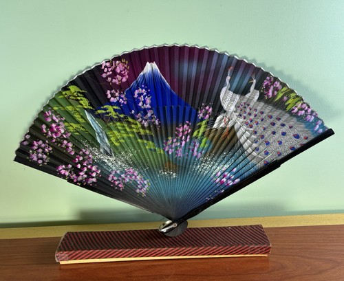 VTG Japanese Hand Painted Folding Hand Fan Mountains And White Peacocks