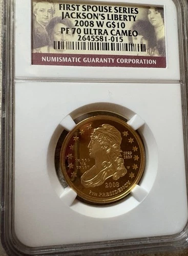 2008-W $10 GOLD COIN. JACKSON’S LIBERTY FIRST SPOUSE SERIES NGC PF70
