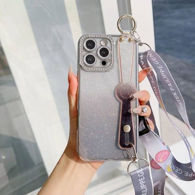 For Various Phone Crossbody Glitter Diamond Case Wrist Strap Holder Cover Stand