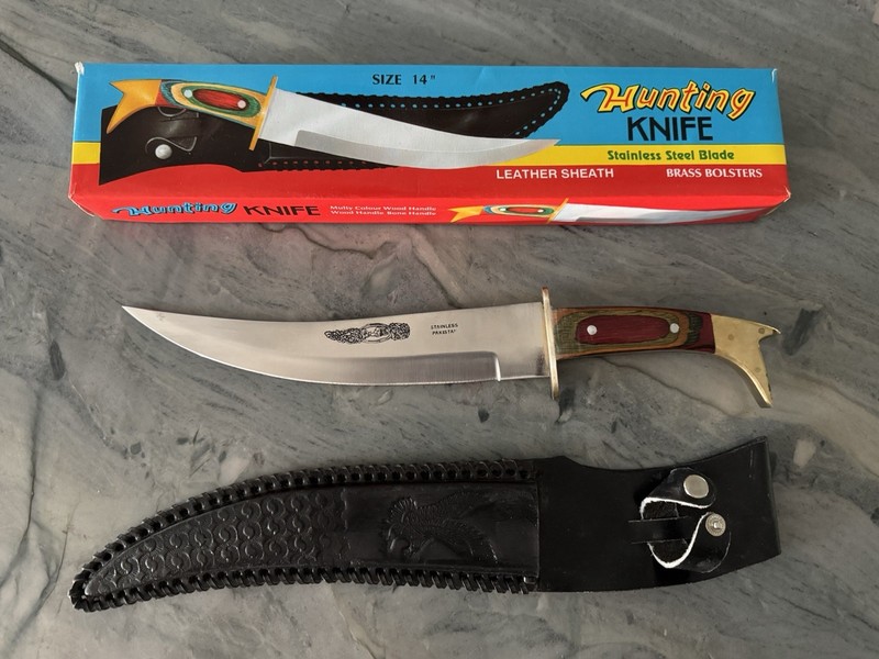 Hunting Knife 14 in Stainless Steel Straight Edge Fixed Blade Wood/Brass Handle