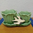 Planter McCoy Pottery Green Double Tulip w/ White & Black Swallow Bird Vintage