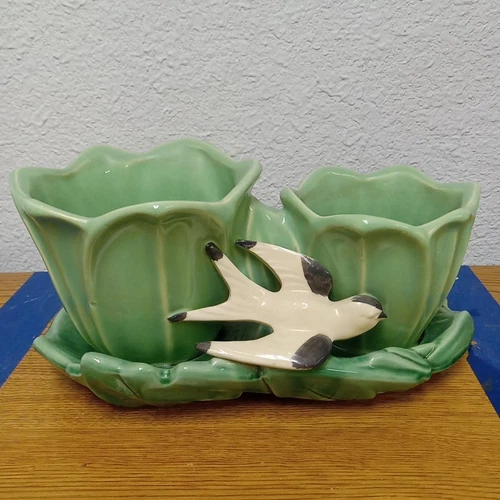 Planter McCoy Pottery Green Double Tulip w/ White & Black Swallow Bird Vintage