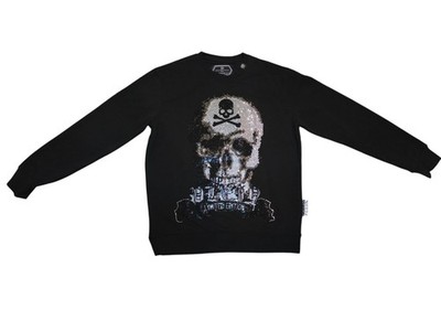 PHILIPP PLEIN Platinum Cut Sweatshirt Black Rhinestone Crystal Skull Men L XL