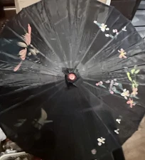 32" Inch Dia Black Hand Painted Floral Pattern Wood Bamboo Parasol Umbrella