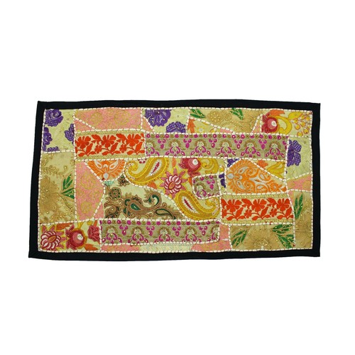 Tenture Murale Patchwork Vintage Brodée Main - Art Traditionnel Indien Pailleté - 39x58 Pouces