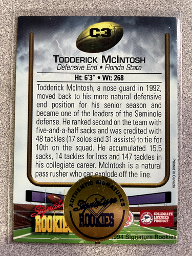 1994 Signature Rookies Todderick Mcintosh Rookie Autograph Card /5000 #C3 FSU - Picture 2 of 2