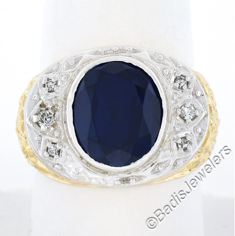 Vintage 18k TT Gold Oval Lab Created Sapphire & Diamond Repousse Work Band Ring - Image 2 of 4