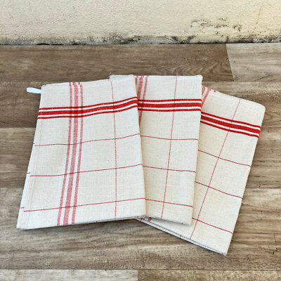Vintage Rustic French Linen Red Stripe Tea Towel dish cloth Set of  25022214 - Main Image