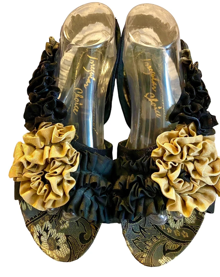 ELECCIÓN IRREGULAR BINGO MEJORES SANDALIAS NEGRAS-DORADAS CON CORDONES, VOLANTES, TALLA 40.5/9.5 Foto 2 de 4