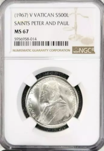 1967 VATICAN SILVER 500 LIRE SAINTS PETER & PAUL NGC MS 67 RARE GEM TOP POP