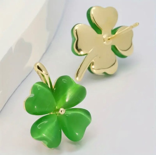 Lucky Four 4 Leaf Clover Green Opal Gold Stud Earrings Good Luck Charm Irish New - Picture 10 of 11