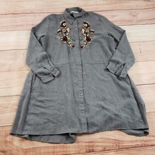 Zara Dress Womens Medium Gray Blouson Shift Button Long Sleeve Collard Ladies