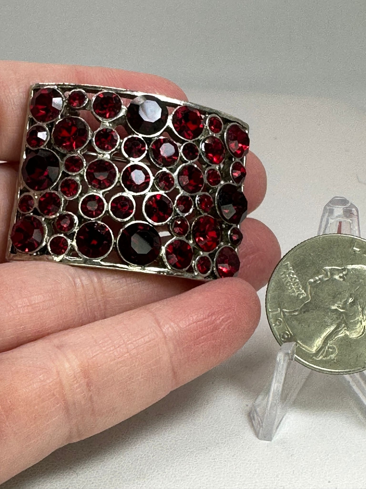 Rectangle Openwork Curved Red Rhinestones Vintage… - image 2