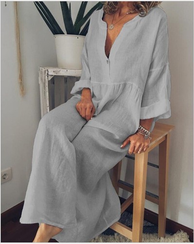 Summer Women's Large Size Cotton Linen Long Sleeve V-Neck Large Swing Dress - Picture 25 of 45