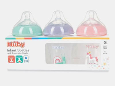 Lot of 3 pack Nuby Infant Baby Bottles with Slow Flow Nipple, 3 Pack, 8oz, Girl