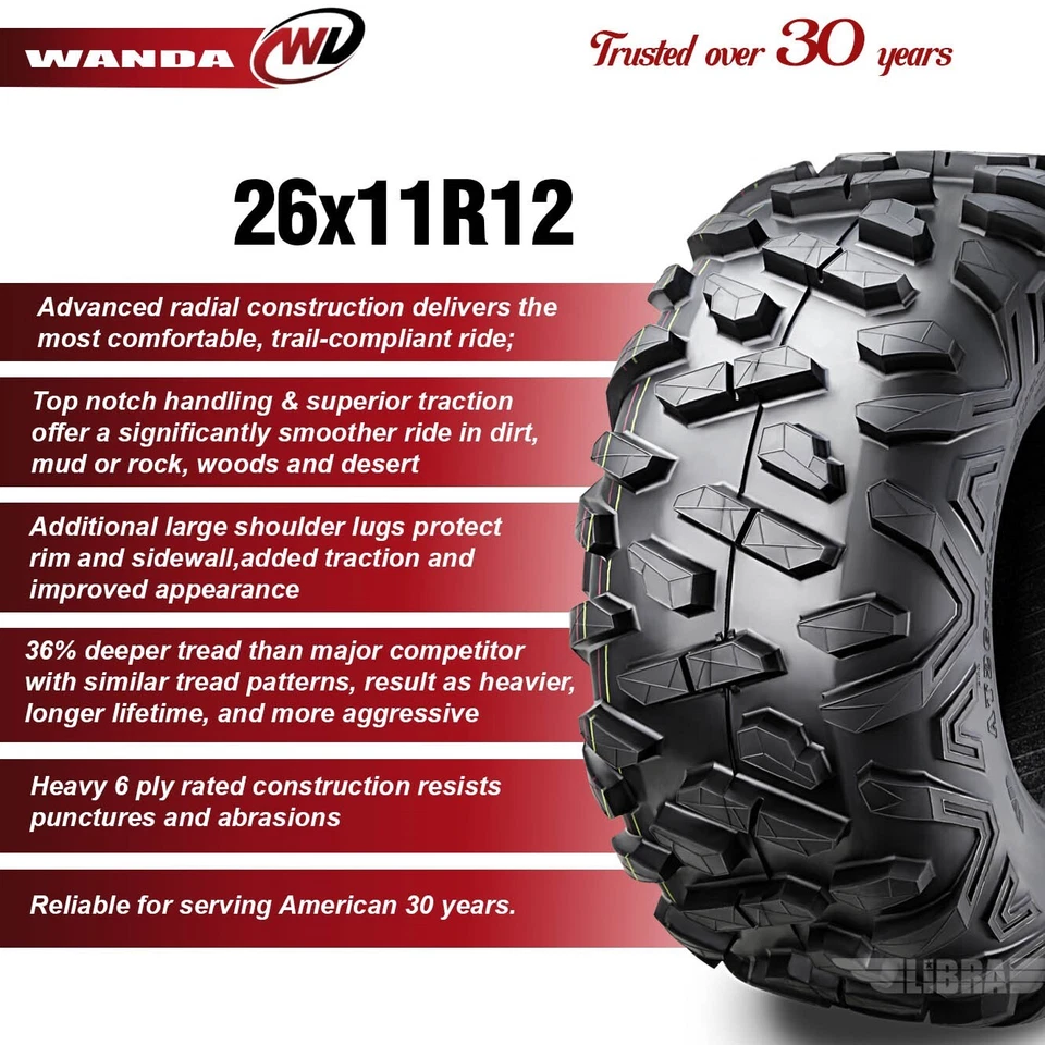 (2) Juego de neumáticos traseros radiales 26x11R12 ATV para 10-14 Polaris Ranger 800 Crew/HD/XP Foto 2 de 4