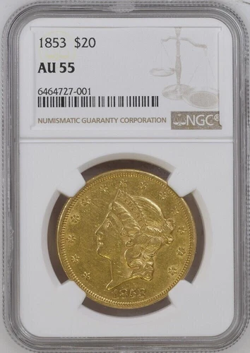 1853 $20 NGC AU55 Gold Double Eagle Liberty Coin