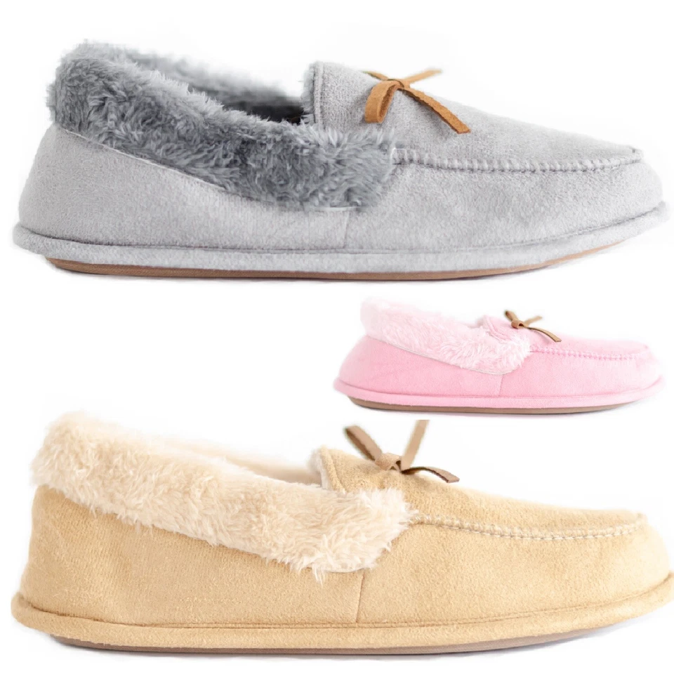 LADIES BEDROOM OUTDOOR WARM WOMENS FLAT BOW SLIPPERS SOFT MOCCASIN SHOES SZ