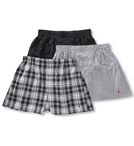 Polo Ralph Lauren Three Pack Set Classic Cotton Woven Boxers Plaid Stripe Black - 第 1/2 張圖片