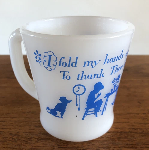 Vintage Fire King Child’s Prayer I Fold My Hands Blue White Mug Cup Give Thanks