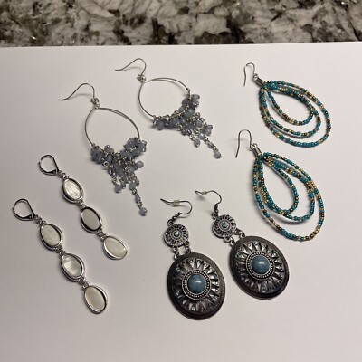 Lot Of 4 Costume Pierced Earrings Dangle - Some Bead - Silver Tone