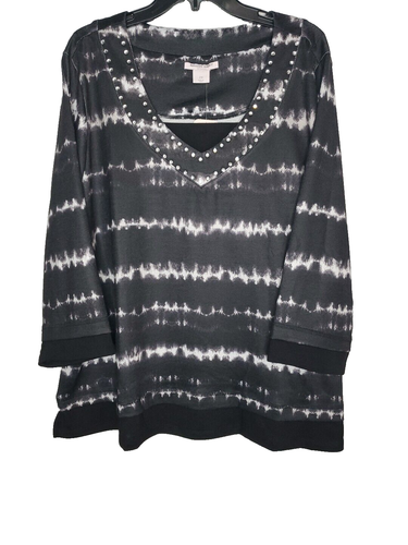 Allison Daley Womans Black White Print SZ 2X 3/4 Sleeve Tunic Top Stretch V Neck