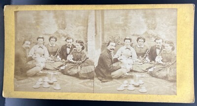 People Playing Card Game at Liquor Tea Party Antique Stereoview Photo