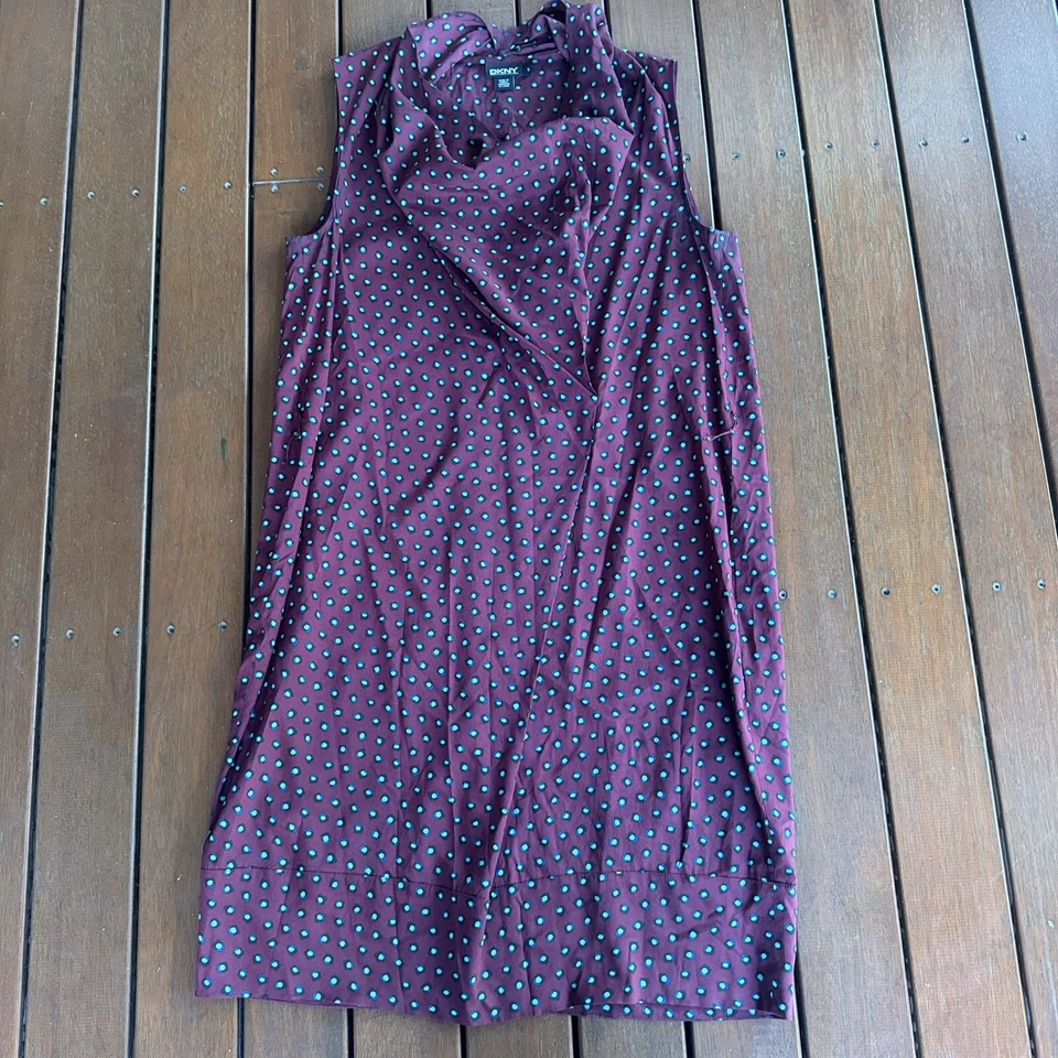 DKNY Size S Shift Dress Maroon Polka Dot Silk Blend Cowl Neck Cocktail Business - Image 4 of 4