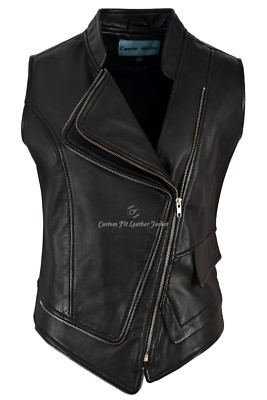 Women Real Leather Waistcoat Black Nappa Cool Punk Biker Motorcycle Style 7581