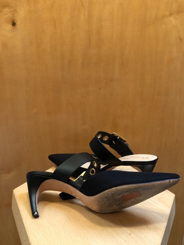 CHRISTIAN DIOR D-Dior Black Canvas Leather Pointed Toe Gold Kitten Heel Mules 40 - Picture 6 of 10