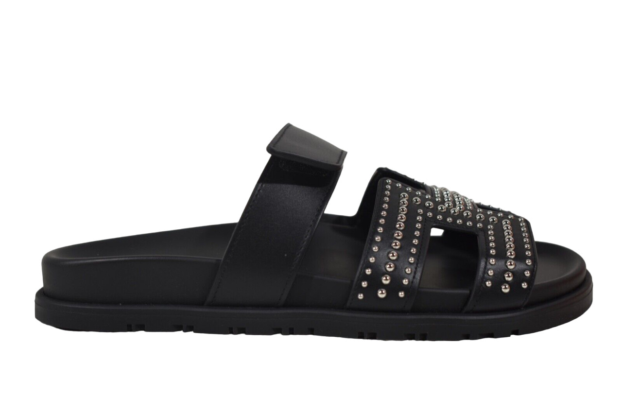 Hermes Chypre Sandal Black Silver Studded Stud H Logo Slide Slip On Flat 37.5 image 2